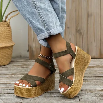 Moda de Sandálias de Cunha para as Mulheres de Verão 2022 Casual antiderrapante Peep Toe Plataforma Sapatos de Sola de Borracha com Fivela Elegante Salto Mulheres