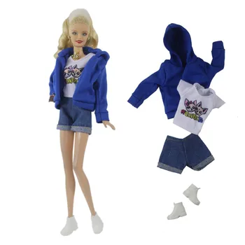 NK Oficial 1 Conjunto de Outono Elegante Conjunto de Roupas para a Boneca: Casaco com Capuz+T-shirt+short Jeans+Sapatos de Desporto Para a Boneca Barbie 1/6 Brinquedo