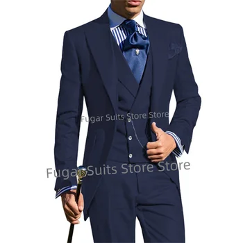 Negócios Da Marinha Azul Elegante Terno Para Os Homens De Fumar Slim Fit Noivo Formal Smoking 3 Peças, Conjuntos Luxuly Masculino Blazer Trajes De Hombre