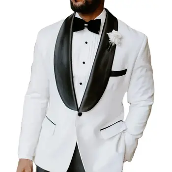 A moda Casamento Branco Homens Ternos 2 Pcs Xale Preto na Lapela do Traje Homme Baile takım elbise conjuntos de quarto de Blazer Casamento Define (Casaco+Calça)