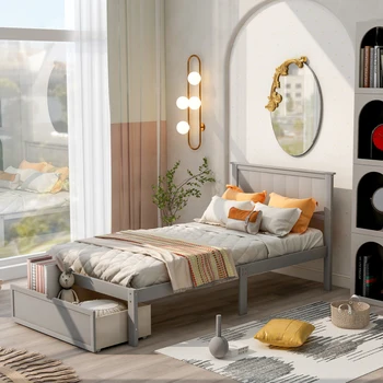 Cinza de cama de casal com Cama de Plataforma com cama de Gaveta Para o interior da mobília do quarto