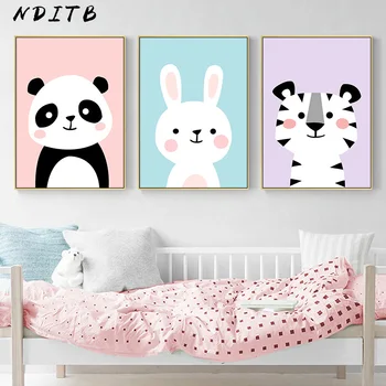 NDITB Bebê do Berçário Arte de Parede de Lona da Pintura de Animais do Panda Coelho Cartaz e Imprime Nórdicos Crianças de Decoração, Imagem, Decoração do Quarto