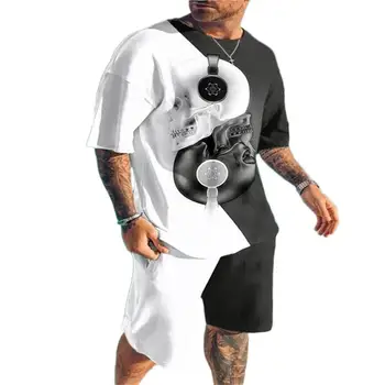 Verão de roupas masculinas Manga Curta T-Shirt Terno de Impressão Tai Chi Padrão 3D Sportswear Casual Top de grandes dimensões Shorts Respirável Sportswea