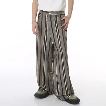 SYUHGFA Homens de Outono, Moda Casual Terno de Calça coreano Listra Vertical de Meia Elástica de Perna Larga Calças de Negócios de Streetwear Masculino