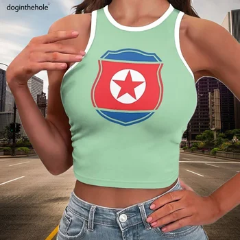 Feminino Crop Tops sem Mangas Coreia Bandeira Gilrs Curta T-Shirt Senhoras Meninas Cortada Feminina Y2k Roupas 2023 Mulher майка женская