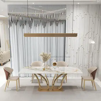 Luxo Sala de Jantar Swan Forma Retangular Ilha da Tabela de 1,8 m E 6 Cadeiras Conjunto de Ouro e Café Design da Cozinha em Mármore, Mobiliário