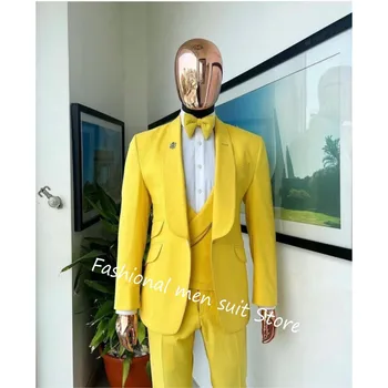 Completa os Homens de Ternos 3 Peças Xale Amarelo Lapela do Traje Homme de Casamento do Noivo Vestido de Terno o Melhor Homem de Roupas Jaqueta+Calça+Colete
