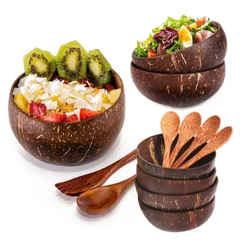 Natural de Coco Tigela e Colher de Madeira Talheres de Coco Definido para Smoothie Taças, Tigela de Açaí, Buda Taças de Cozinha de Coco Tigela de Salada