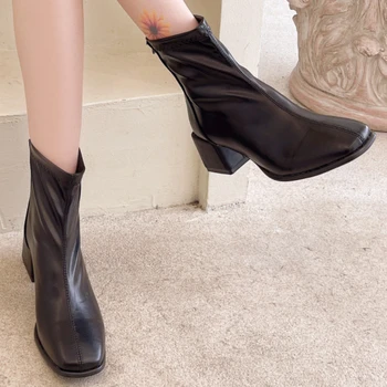 Mulher Ankle Boots 2023 Outono Inverno de Calçados femininos de Moda Dedo do pé Quadrado Chunky Calcanhar Botas Chelsea para as Mulheres, Manter-se Aquecido Botas