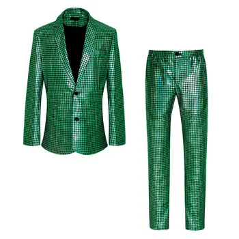 Mens Brilhante Verde Metalizado Lantejoulas Ternos Blazer com Calças Conjunto de Duas peças de Conjunto de Roupa de 70 Discoteca Discoteca, Baile Traje Homme 4XL