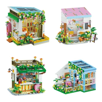 Mini Cidade Street View Série de Café Loja de Flores Casa MOC Modelo de Conjunto de blocos de Construção Criativa Loja de Varejo Tijolos Para a Criança Brinquedos