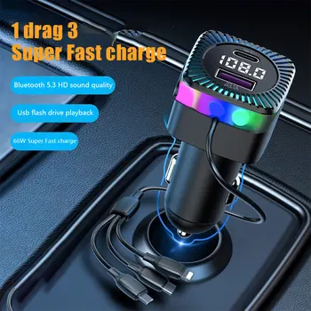 Carro de Bluetooth 5.3 Transmissor FM sem Fio Receptor de Áudio Leitor de MP3 do Carro 66W PD Carregador Rápido de Luz Ambiente Muti-ponto de Carregador