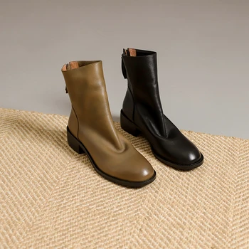 2023 novo Outono inverno Mulheres tornozelo botas de couro natural 22-25cm lavado couro+porco moderno botas Vintage de volta zipper boots