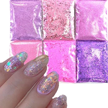 10g*6Bags Unhas de Glitter Holográfico Roxo de Lantejoulas cor-de-Rosa Holográfico arco-íris Glitter em Pó 60g de Mistura de pedaços de Glitter Pó Fino #M