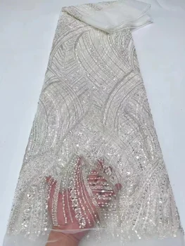 Moda Branco Africano Laço De Tecido De Lantejoulas De Tule De Malha Bordado De Renda Para O Casamento De Noiva Com Tecidos De Alta Qualidade Frisado Vestidos De Renda
