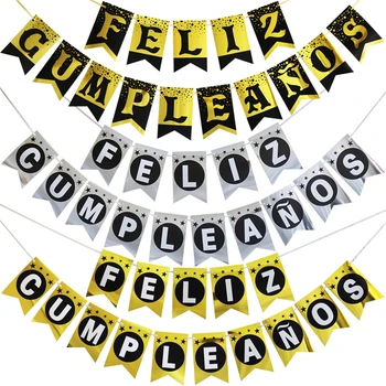 1set o Ouro, a Prata espanhola Feliz Cumpleaños Banners Feliz Aniversário Cia Garland Bandeiras Festa de Aniversário de Suspensão Decorações Adultos