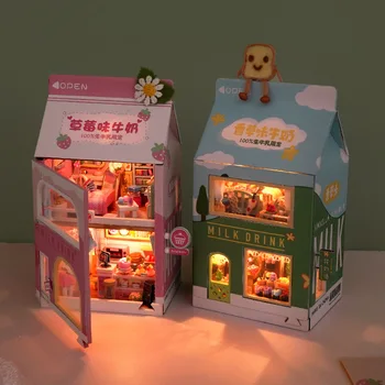 DIY de Madeira Mini Bolo de Quarto Bebida de Leite Casa Casas de Boneca em Miniatura Construção de Kits com Móveis de Luz Casa de bonecas para Adultos Presentes