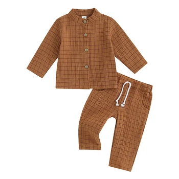 FOCUSNORM 0-3Y Criança de Bebê, Roupas de Outono Conjuntos de estampa Xadrez de Manga Longa, Botão de Camisa, Calças de Elástico na Cintura