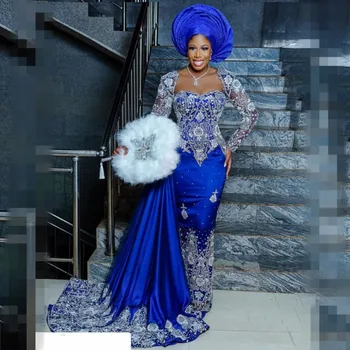 Owambe Estilo De Noite Azul Vestidos Adornos De Luxo Aso Ebi De Baile, Vestidos De Mangas Compridas Chique Africana, Nigéria Recepção De Casamento Vestido