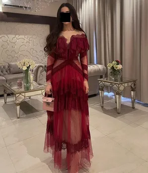 VD Gola de Baile, Vestidos de Mangas compridas de Renda de Tule em Camadas Borgonha Festa Arábia saudita as Mulheres usam Especial Banquete de Vestidos de Noite