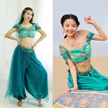 Nova Fêmea Adulta Dança Sexy Vestido De Árabe Princesa Jasmine Palco Vestido De Véu Superior Calças De Dança Do Ventre, Vestido