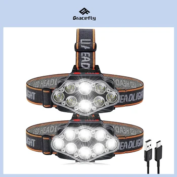 Poderosa 8 DIODO emissor de Cabeça Farol Lanterna com 2 USB bateria Recarregável 18650 Bateria Farol Lanterna Tocha de Luz para a Pesca Camping