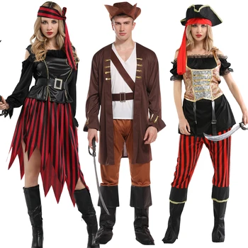 Halloween Homens Adultos Mulheres Pirata Trajes Cosplay Piratas Do Caribe Natal Carnaval Vestido De Festa Sem Armas