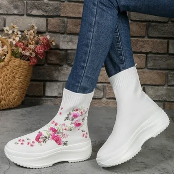 2023 Sapatos de Alta Qualidade para Mulheres Slip-on Botas femininas de Moda de Impressão Casual Botas de Mulheres do Dedo do pé Redondo Trecho Botas de Plataforma