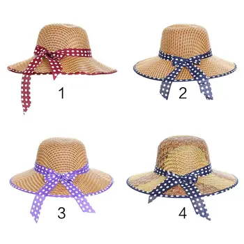 As mulheres do Vintage Estilo Country de Verão Palha para o Chapéu de Sol de Contraste de Cores de Bolinhas Pr