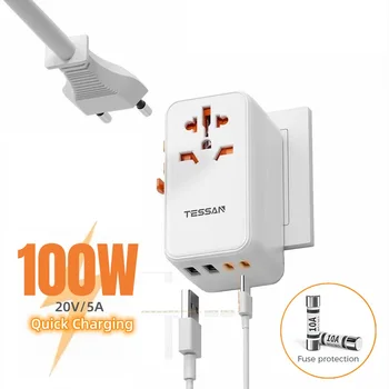 TESSAN 65W/100W Universal Adaptador de Viagem em todo o Mundo com Portas USB Tipo C de Carregamento Rápido de tomada de Parede Adaptador de Energia para o eu/UK/USA/AUS