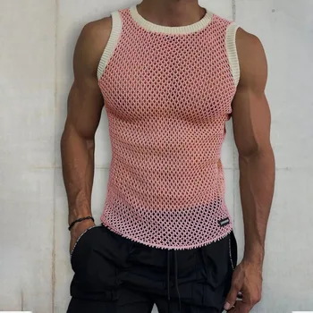 Europeu de Homens Americanos rede de Pesca blusinha de Malha Escavado Cor Sólida T-shirt Praia Sexy, Casual Personalizado Respirável Superior