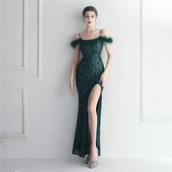 DSP Verde Esmeralda Lantejoulas Sereia Vestidos de Baile 2023 Mulheres Alça de Fenda Vestido de Noite de Festa Maxi Vestidos com Penas