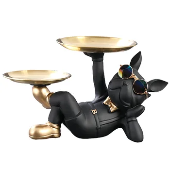 sentar-se Bulldog Estátua de Quarto de Decoração de Interiores,Animal Escultura Decoração de Casa com 2 Bandeja de Metal stand Bulldog Figuras de Enfeite de Mesa