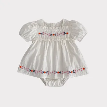 Menina de Romper Vestido de 2023 Verão 6-18M Infantil Bebe de Algodão Branco Plissado de Renda Macacão Princesa Bonito Bordado Onesie Roupas