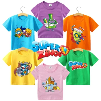 Superzings T-shirt Kids Moda dos desenhos animados Impresso Camisetas de Manga Curta de Algodão Colorido Tops Casual Crianças Roupas de Presente de Aniversário