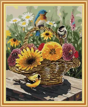 Alegria de domingo Pré-impresso de Ponto de Cruz, Kit Fácil de Padrão de Aida Estampado de Tecido Bordado Set-Pássaro e a Flor, Cesta de