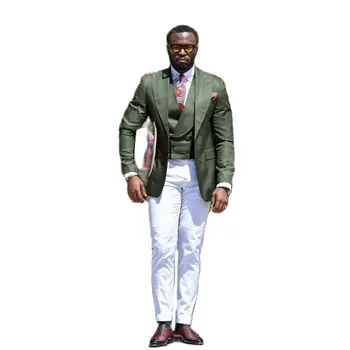 Terno completo para Homens Slim Fit Negócio Formal de Casamento do Noivo Melhor Homem Roupas Clássicas Verde Blazer Colete com Calça Branca 3 Peças