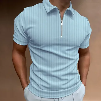 Masculino Listrado de Moda Manga Curta Business Casual Camisa de Polo de Verão Zip Metade dos Homens Elástico de Manga Curta T-shirt