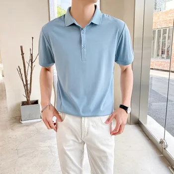 Verão Nova Cor Sólida dos Homens Fino de Camisas Polo 7 cores Business Casual coreano Moda Slim Juventude Masculina Top Azul cor-de-Rosa