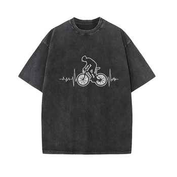 Bicicleta Da Montanha De Pulsação De Bicicleta De Ciclismo De Impressão Gravidez T-Shirt Lavado Vintage Unissex Rua Alta Oversize Camisas Pretas