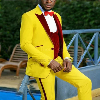 Amarelo Baile Homens com Ternos de Veludo Borgonha Colete 2023 3 peças Masculino Blazer Slim Fit Casamento Smoking, com Calças de roupa Nova