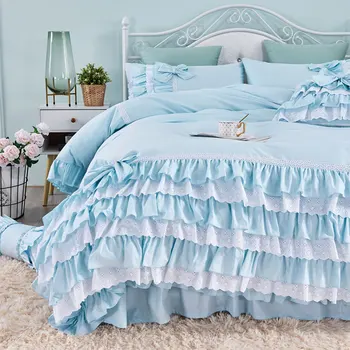 Princesa plissado laço jogo de cama,camas completo, rainha, rei de algodão florido elegante fairyfair roupa de cama bedskirt travesseiro capa de edredão