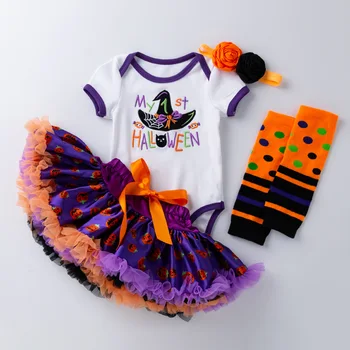 Halloween Roupas de Bebê Menina Infantil Cartoon Bruxa de Chapéu de Princesa Bodysuit Conjunto Infantil Algodão Carta Onesie + Saia+ Acessórios 4pcs