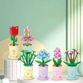 DIY Simulação de Flores Blocos de 12 Estilos de Vasos de Planta de Blocos de Construção de Meninas Buquê de Tijolos Montar o Brinquedo de Crianças Presente Conjunto de 6 Caixas