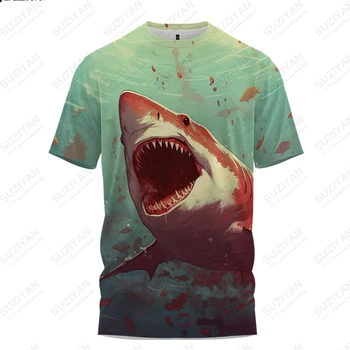 Verão T-shirt masculina Solto e Casual T-shirt Clássica em torno do Pescoço T-shirt Roupas Terrível Tubarão 3D Impresso manga Curta T-shirt