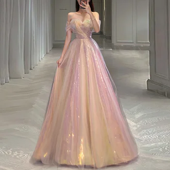 Bling-De-Rosa Elegante Doce Vestidos De Noite 2023 Verão De Barco Pescoço, Cintura Fina Malha De Design Em Camadas De Baile, Vestidos De Casamento Vestido De Festa