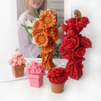 3D Cesta de Flores Vela do Molde de Silicone DIY Rosa Tulipa Buquê de Girassol Planta em Vaso de Gesso Decoração Enfeite de Presentes de Dia dos Namorados