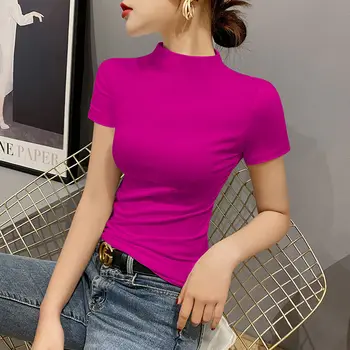 Luxo 2023 Novo Estilo coreano Mulheres Roupas de Gola Alta Trecho de Manga Curta Apertadas T-shirt de Verão Meninas Ins Vermelho Tee Topo
