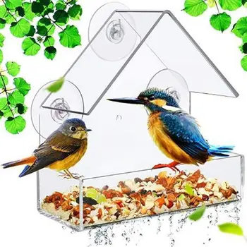 Janela Transparente Pássaro Alimentadores Exterior De Vidro Transparente De Visualização De Alimentação De Aves Recipiente De Suspensão De Sucção Casa Pombo De Estimação Pássaro De Suprimentos