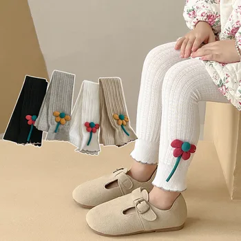 Flor Leggings Para Crianças Meninas 2023 Outono-Inverno de Roupas Quentes de Malha e Calça Crianças de Calças com Nervuras Leggings Pantalones Branco